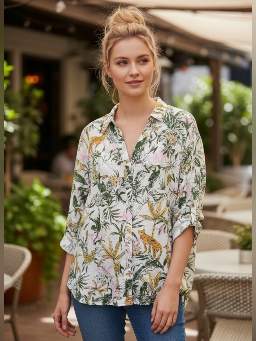 Rachel Zoe 100% Linen Tropical Cheetah Jungle Print Button Down Shirt